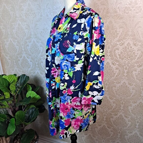 Lauren Ralph Lauren Size Medium Navy Floral Button Front Tunic 3/4 Sleeves EUC - Picture 5 of 13
